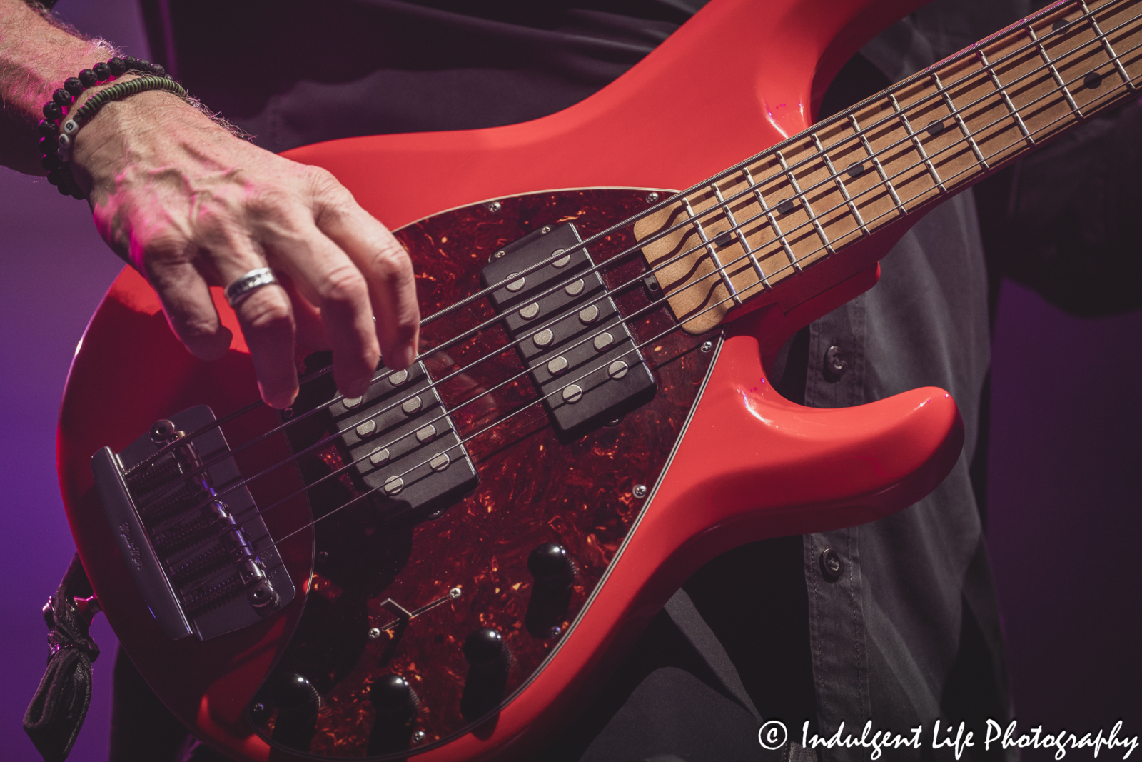 Bass guitar of Little River Band frontman Wayne Nelson as he performs live at Ameristar Casino in Kansas City, MO on June 1, 2024.