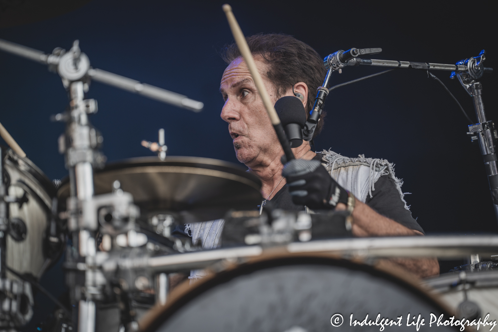 Night Ranger drummer Kelly Keagy performing live in concert at Starlight Theatre in Kansas City, MO on June 19, 2024.