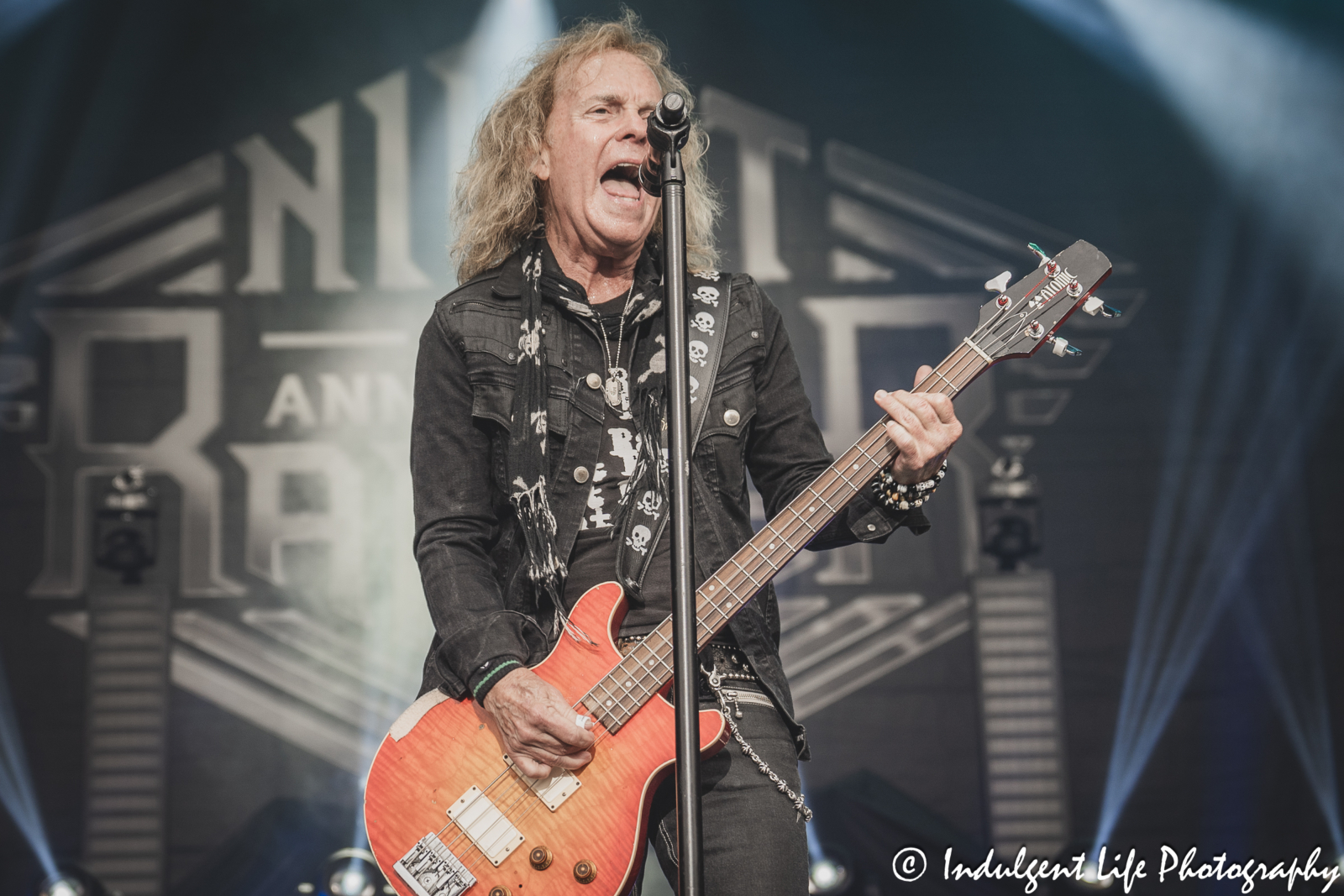 Frontman and bass guitarist Jack Blades of Night Ranger playing live at Starlight Theatre in Kansas City, MO on June 19, 2024.