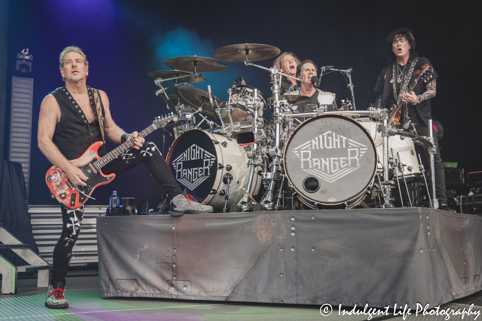 Night Ranger band members Brad Gillis, Jack Blades, Kelly Keagy and Keri Kelli live in concert together at Starlight Theatre in Kansas City, MO on June 19, 2024.