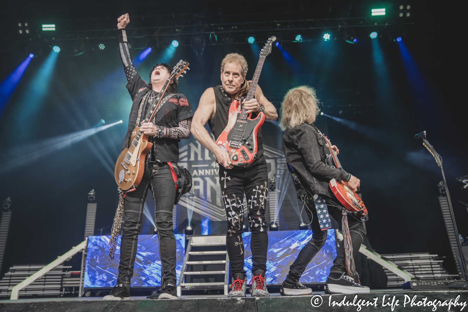 Bandmates Keri Kelli, Brad Gillis and Jack Blades of Night Ranger performing live together at Starlight Theatre in Kansas City, MO on June 19, 2024.