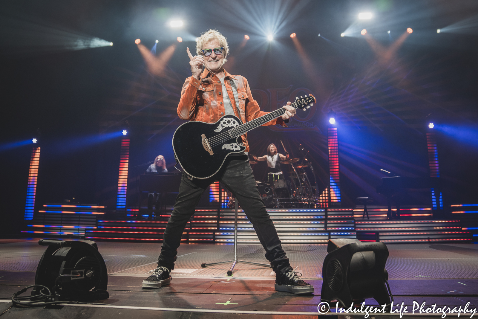 Lead singer Kevin Cronin of REO Speedwagon performing live with Derek Hilland and Bryan Hitt at Starlight Theatre in Kansas City, MO on June 19, 2024.