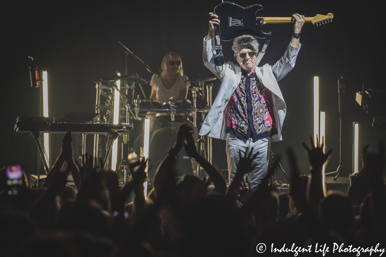 Tom Bailey of the Thompson Twins performing "Hold Me Now" with drummer Paulina Szczepaniak at Uptown Theater in Kansas City, MO on July 7, 2024.