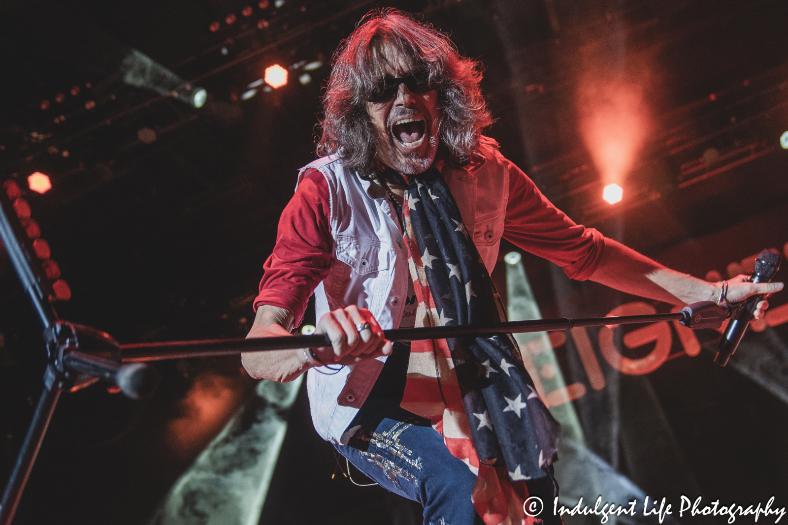 Foreigner frontman Kelly Hansen opening up the band's concert with "Double Vision" at Azura Amphitheater in Bonner Springs, KS on October 5, 2024.