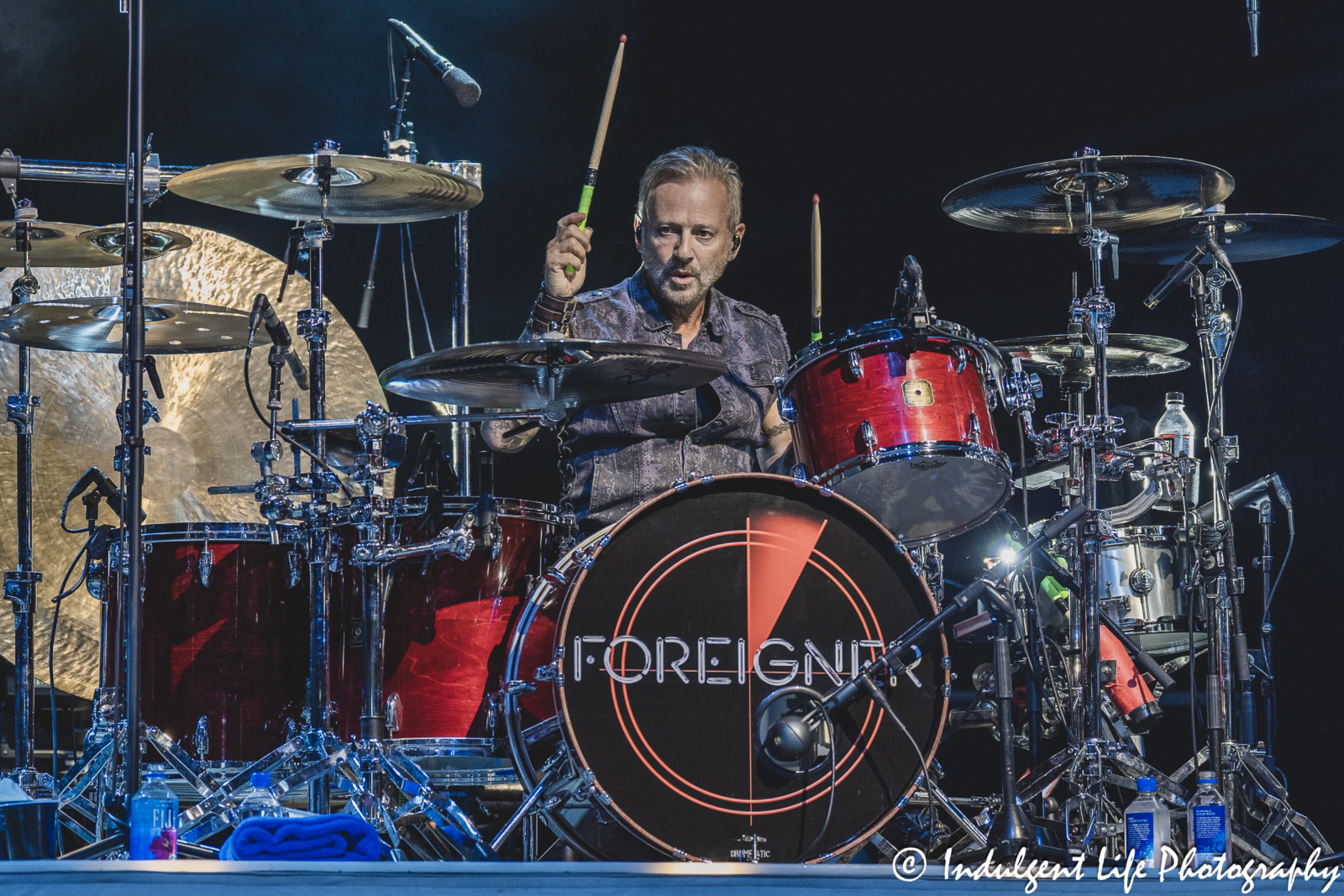 Foreigner drummer Chris Frazier performing live in concert a at Azura Amphitheater in Bonner Springs, KS on October 5, 2024.