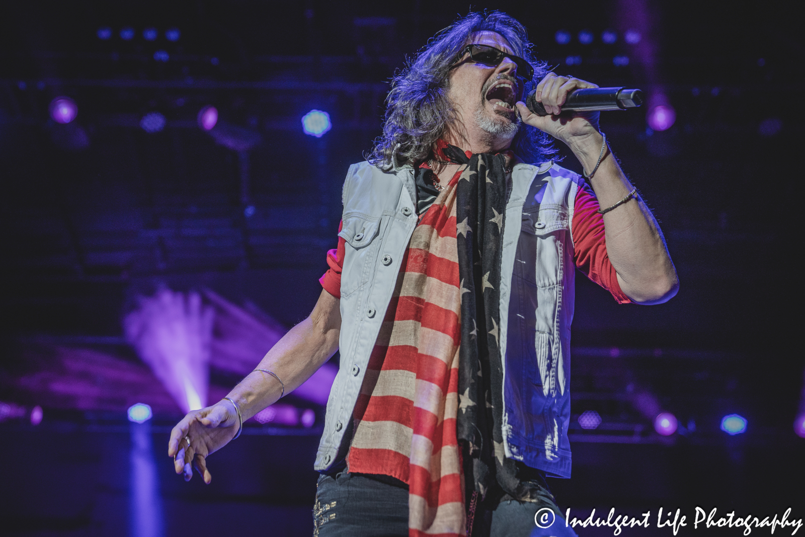 Lead singer Kelly Hansen of Foreigner performing "Head Games" at Azura Amphitheater in Bonner Springs, KS on October 5, 2024.