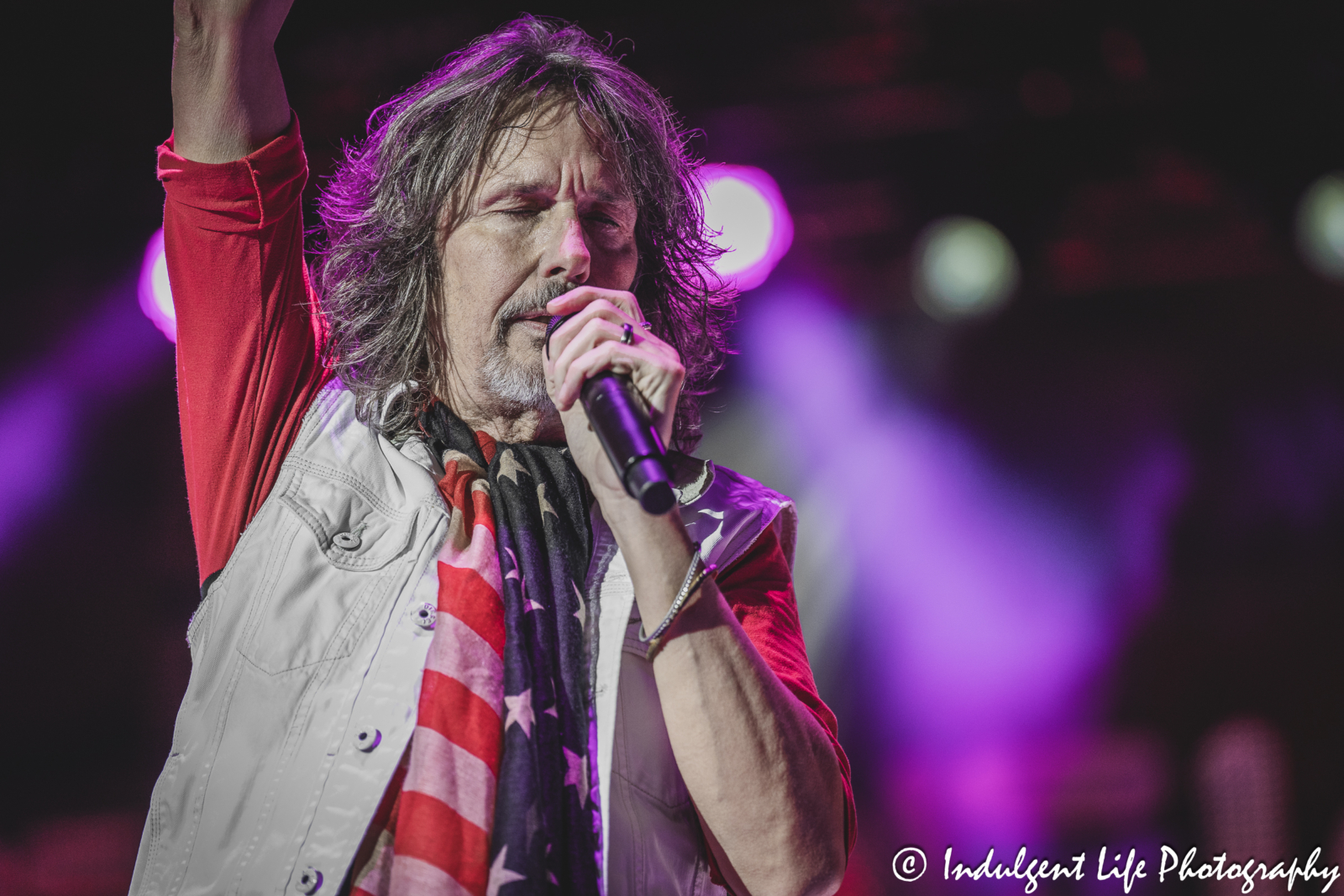 Foreigner lead singer Kelly Hansen performing "Hot Blooded" live in concert at Azura Amphitheater in Bonner Springs, KS on October 5, 2024.