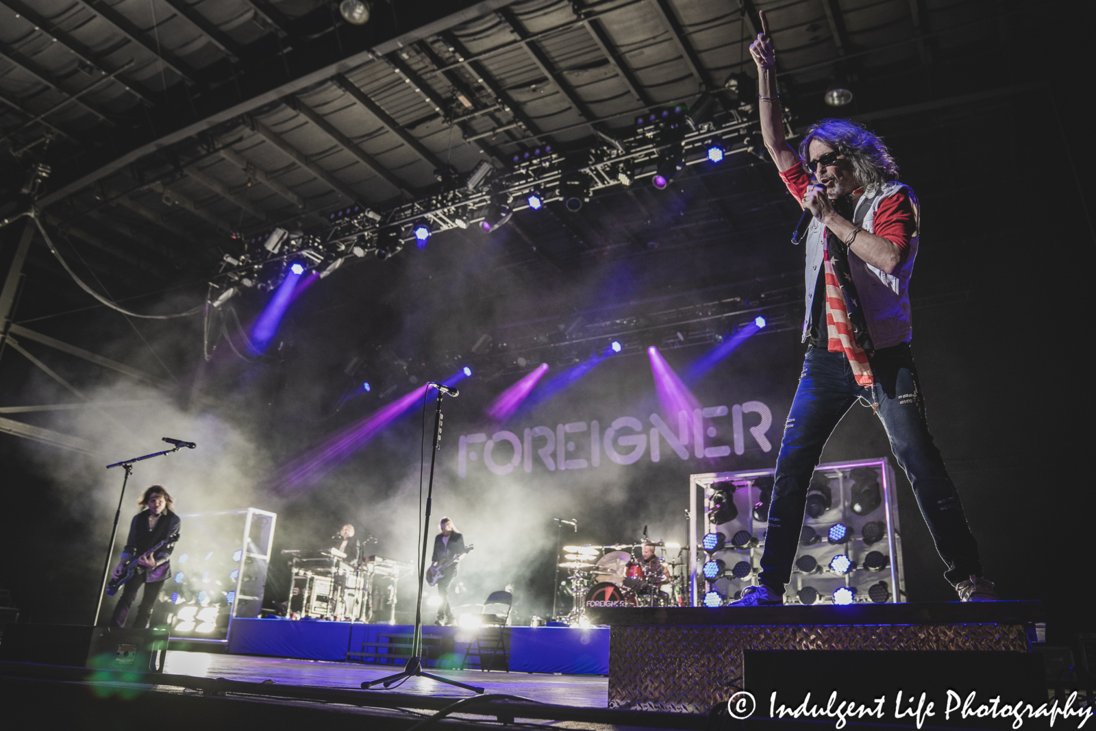 Lead singer Kelly Hansen and his band Foreigner performing "Double Vision" at Azura Amphitheater in Bonner Springs, KS on October 5, 2024.