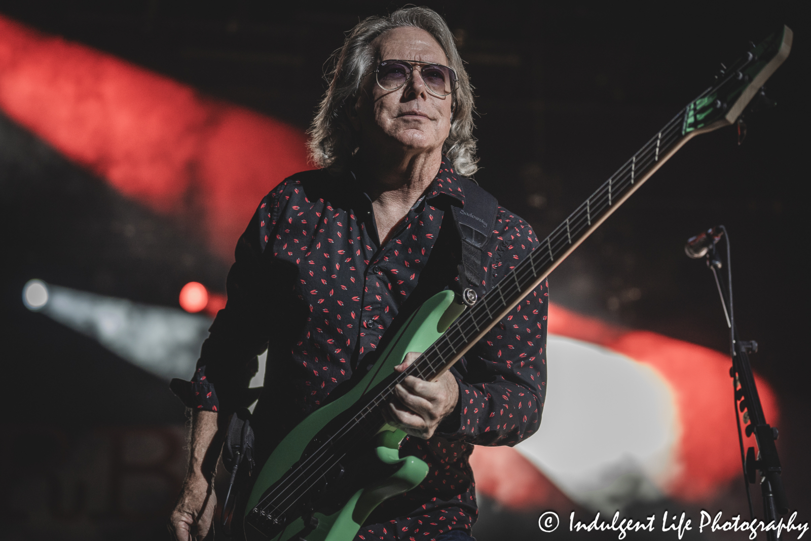 Bass guitarist Ken "Spider" Sinnaeve of Loverboy opening the band's concert with "Notorious" at Azura Amphitheater in Bonner Springs, KS on October 5, 2024.