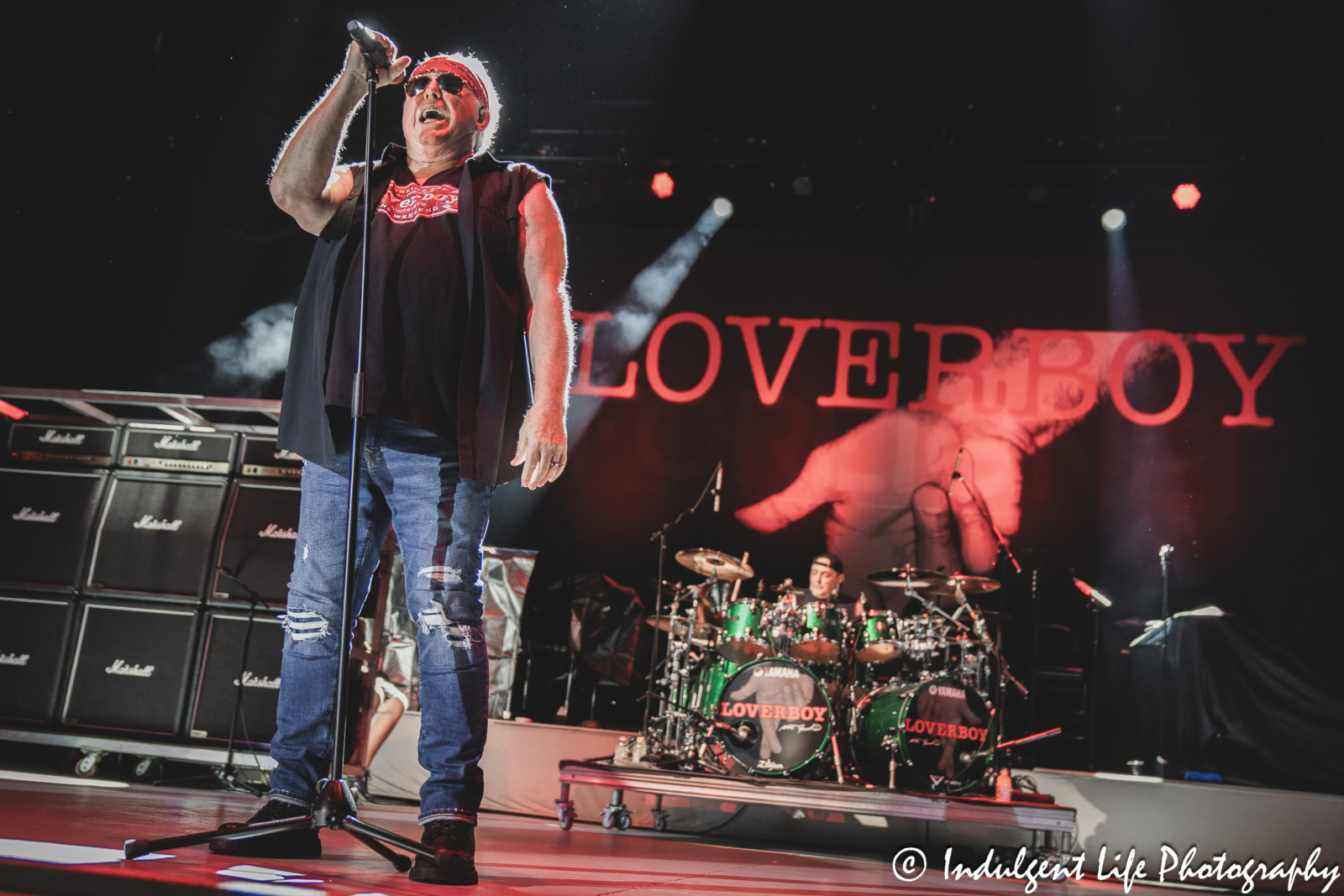 Loverboy frontman Mike Reno opening the band's concert with "Notorious" at Azura Amphitheater in Bonner Springs, KS on October 5, 2024.