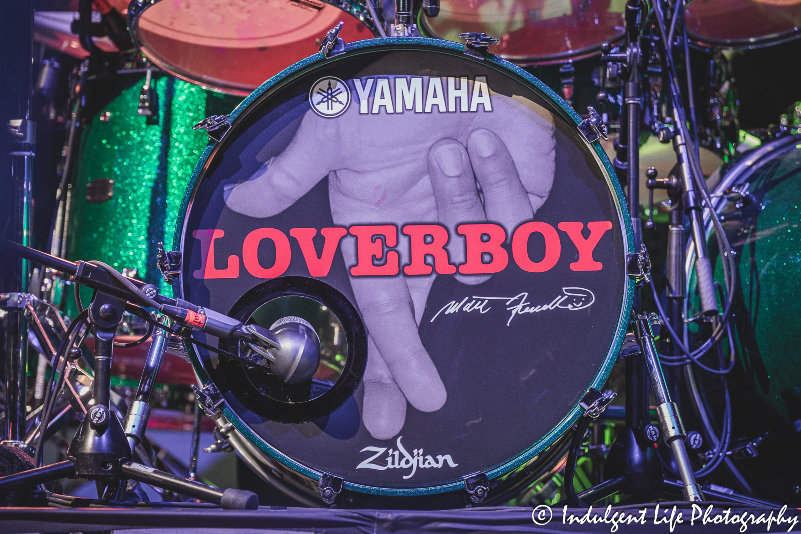 Bass drum head of Loverboy drummer Matt Frenette opening as he performed live at Azura Amphitheater in Bonner Springs, KS on October 5, 2024.