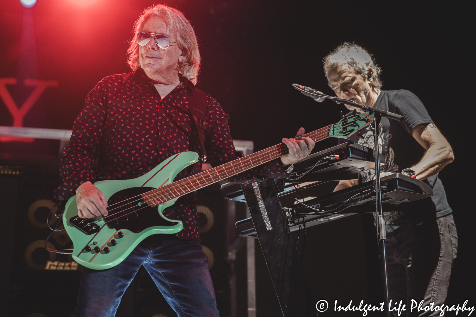 Loverboy bass player Ken "Spider" Sinnaeve and keyboardest Doug Johnson performing together at Azura Amphitheater in Bonner Springs, KS on October 5, 2024.