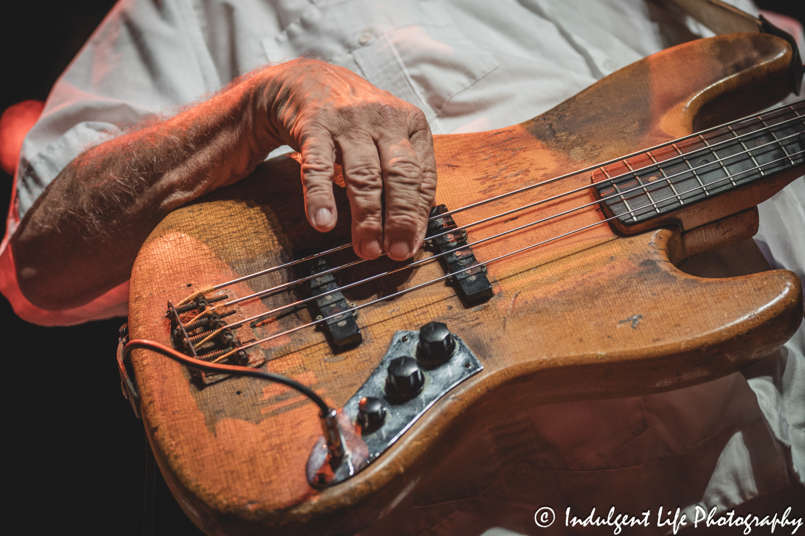 Bass guitar of The Ozark Mountain Daredevils founding member Mike "Supe" Granda as he performed live at Ameristar Casino in Kansas City, MO on November 8, 2024.