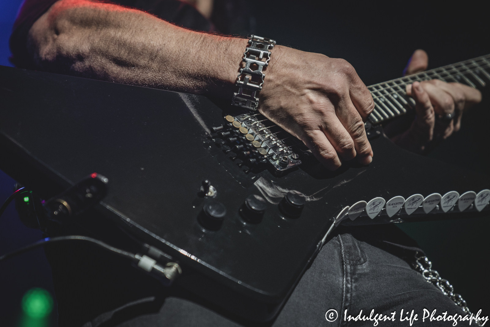 Guitar of Slaughter band member Dana Strum as he performed live at Ameristar Casino's Star Pavilion in Kansas City, MO on October 19, 2024.