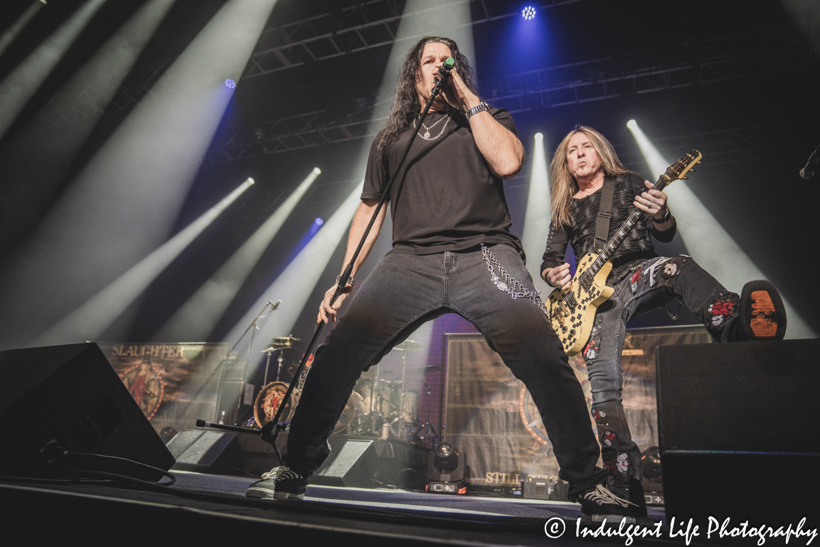 Lead singer Mark Slaughter and guitarist Jeff "Blando" Bland live in concert together at Ameristar Casino's Star Pavilion in Kansas City, MO on October 19, 2024.