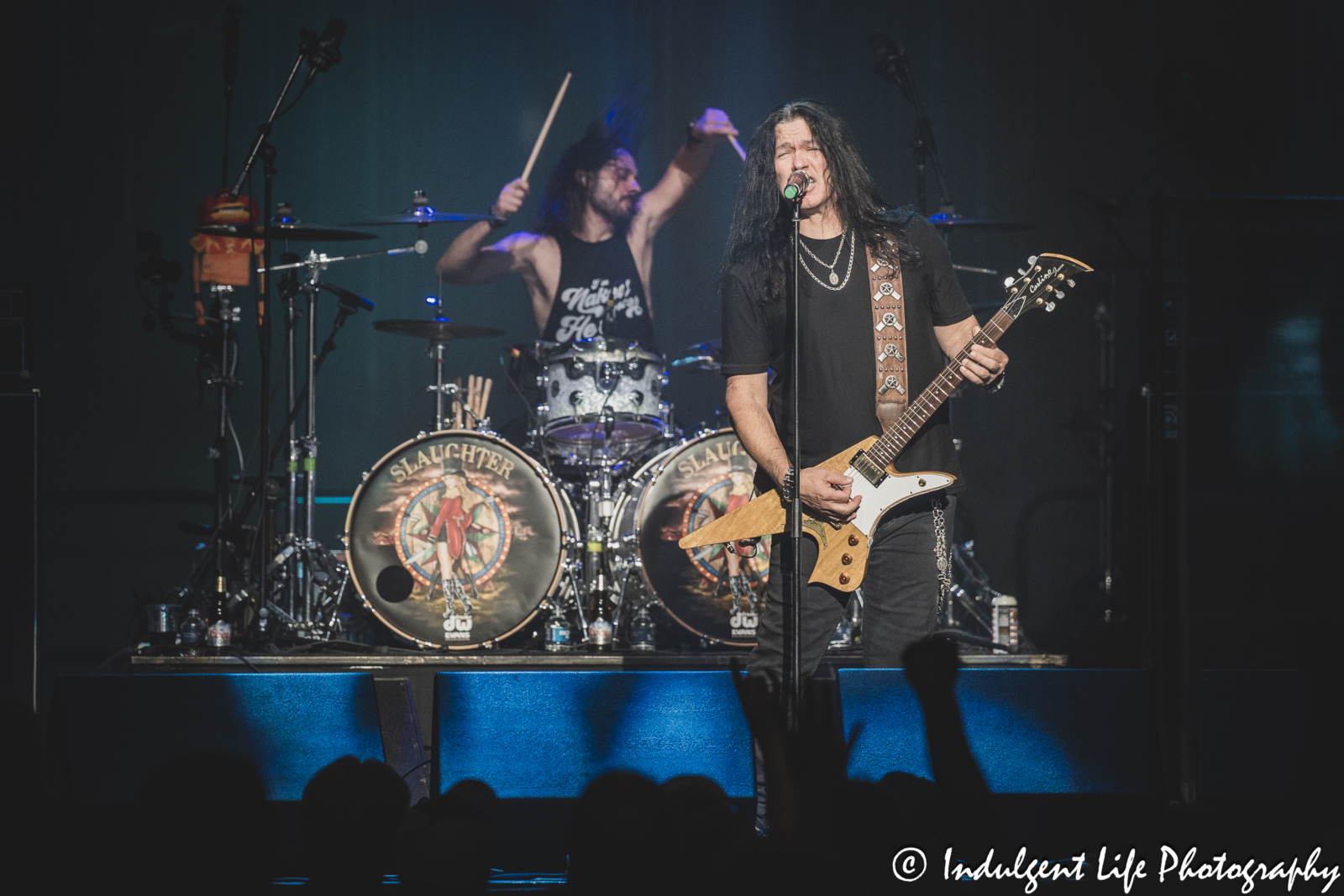 Lead singer Mark Slaughter and drummer Jordan Cannata live in concert together at Ameristar Casino's Star Pavilion in Kansas City, MO on October 19, 2024.